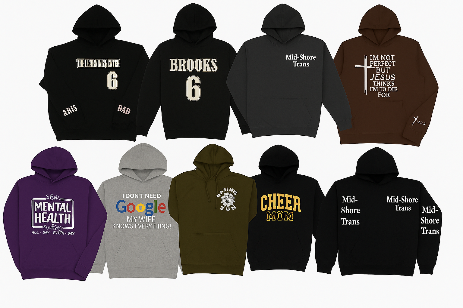 first row of customized hoodies